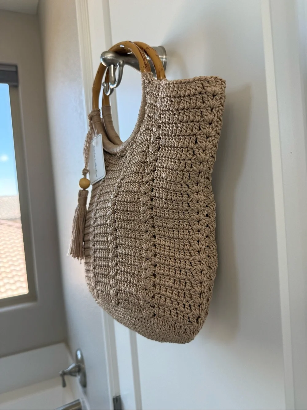 Studio Collection Crochet Tote in Beige with Bamboo Handles NWT